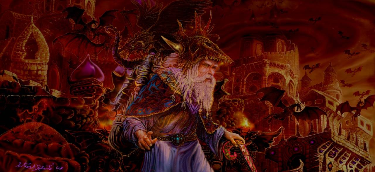 Free computer desktop wallpaper:Merlin At Dragons Keep, 2D Digital Art, Fantasy Art,         Merlin has always been a favorite subject of mine, I have always loved the stories of King Arthur and Merlin. In this scene he has come to Dragons Keep at the gates of hell, to summon the great dragon lord Borhus. His minions have stolen an amulet